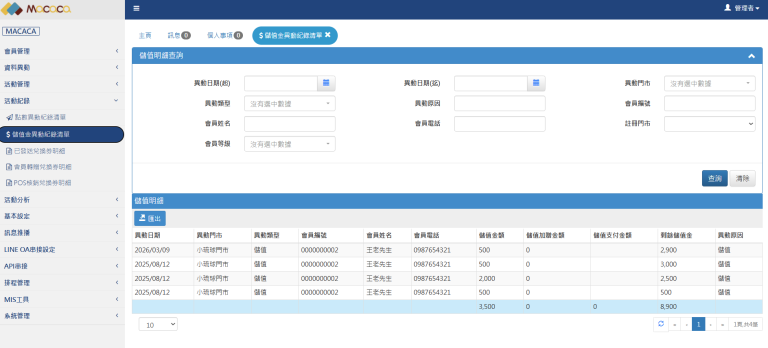 儲值金異動清單